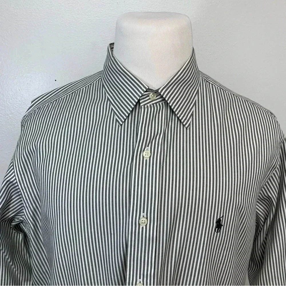 Polo Ralph Lauren Shirt Men 17.5 Lowell Gray Stripe Long Sleeve 100% Cotton Pony